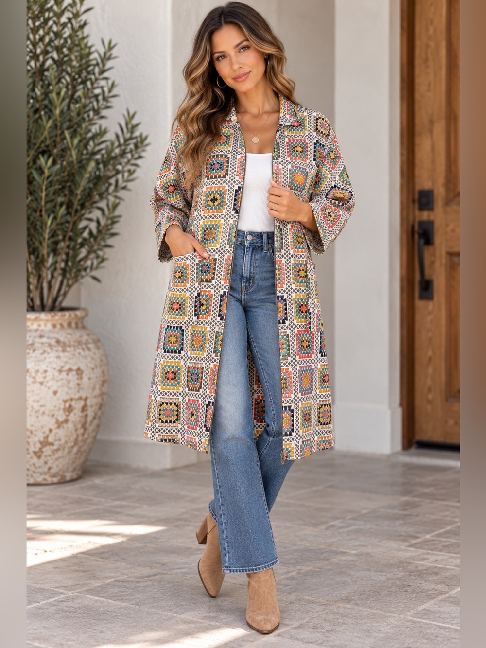 Shannon Passero Womens Granny Square Duster Cardigan Multicolor M/L Open Front